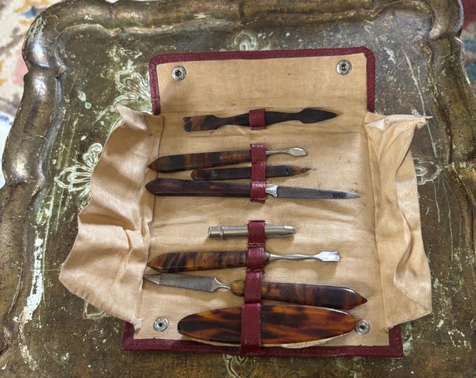 Vintage Faux Tortoiseshell Manicure Set in Burgundy Travel Case Vanity Kit