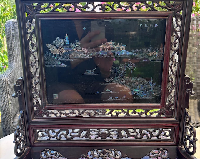 Vintage Chinese Carved Hardwood Lacquer Table Screen, Mother of Pearl Landscape Inlay (Original Box)