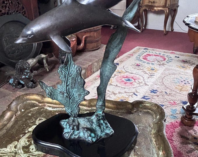 Hollow Cast Bronze Dolphin Sculpture | Leaping Dolphins, Seaweed Base, Nautical Decor