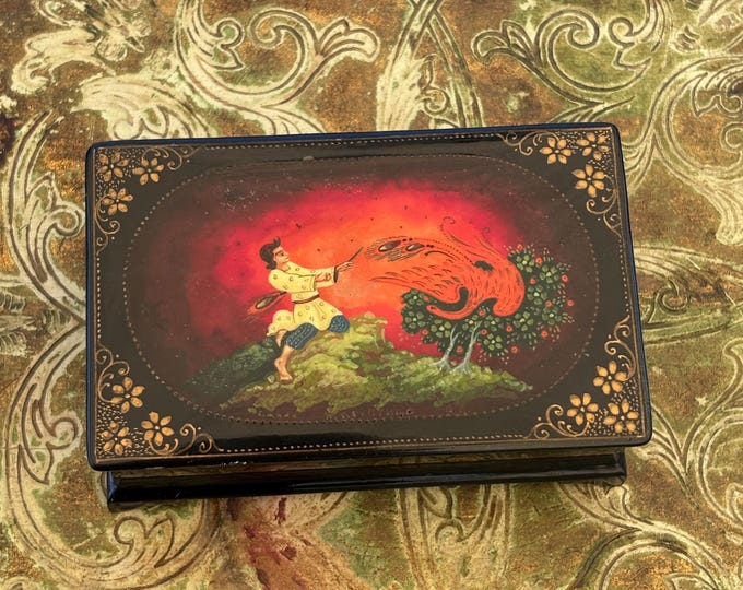 Vintage Russian Lacquer Box Hand Painted Firebird Fairy Tale Folk Art Papier Mache
