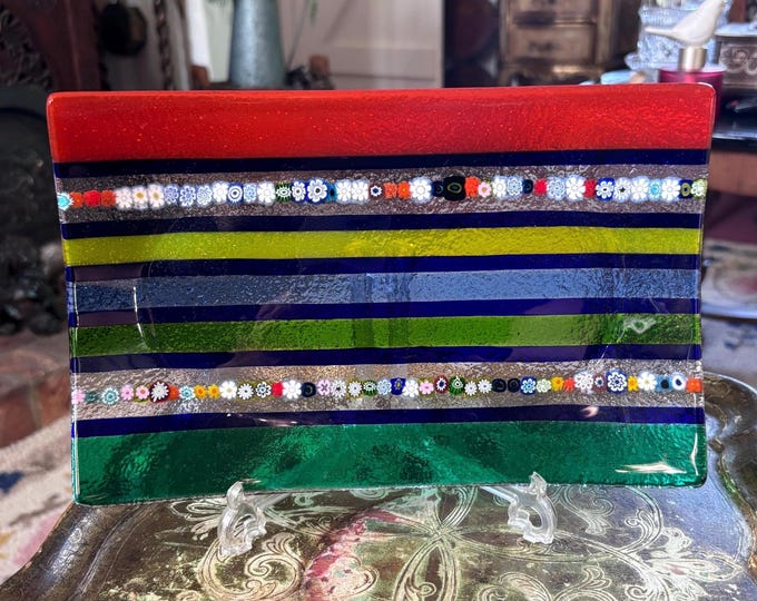 Fused Glass Dish | Millefiori Rainbow Stripes, Venetian Style Art Bowl