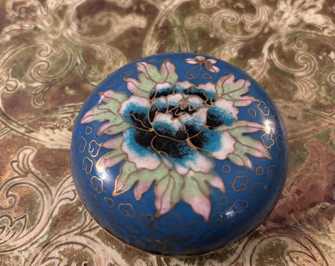 Vintage Blue Floral Cloisonné Enamel Trinket Box – Chinese Brass Keepsake (8cm)