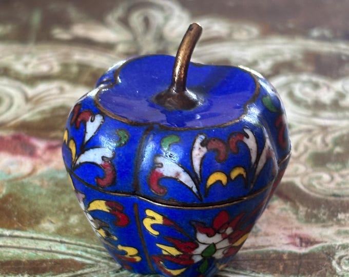 Vintage Miniature Cloisonné Enamel Apple Trinket Box – Cobalt Blue Floral Design – Collectable Decorative Box