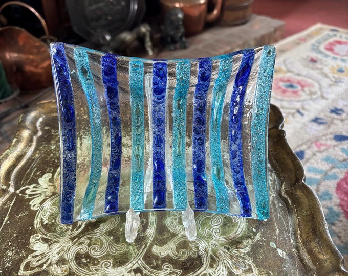 Fused Art Glass Curved Dish Cobalt Blue Turquoise Handmade Studio Glass Decor