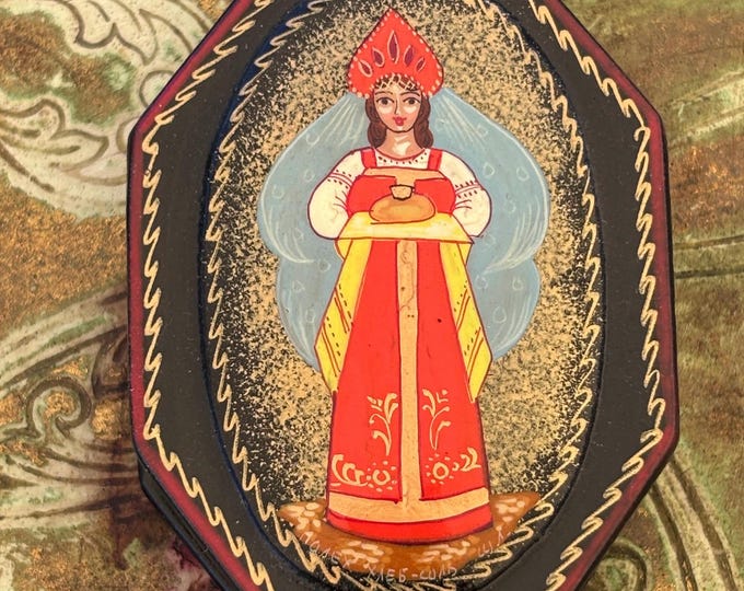 Vintage Russian Fedoskino Style Lacquer Box Bread & Salt Hand Painted Signed