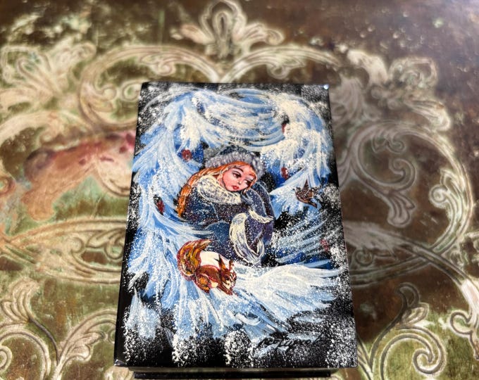 Vintage Russian Lacquer Box – Hand Painted Winter Fairy Tale Girl Cat Folk Art