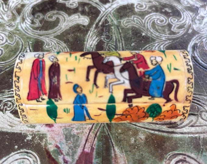 Vintage Hand Painted Bone Trinket Box: Persian Miniature Art Scene, Signed Miraz