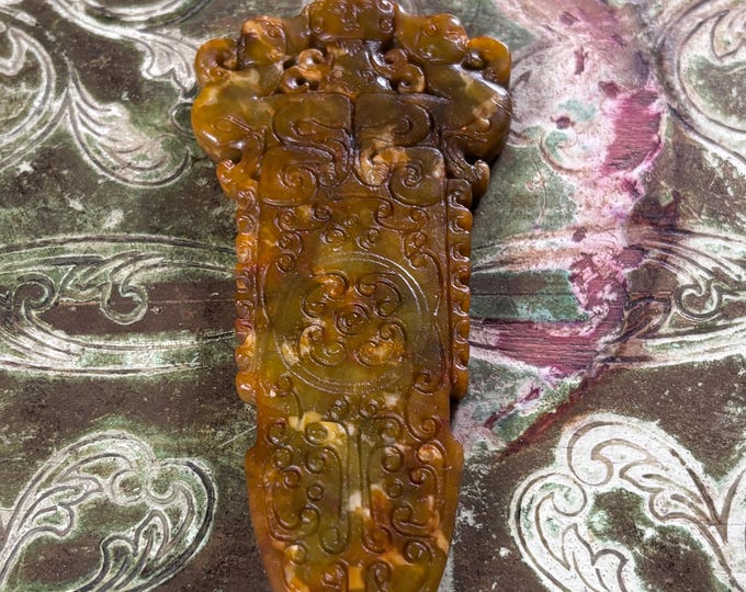 Vintage Chinese Jade Hardstone Ritual Blade Carving | Archaistic Scholar Object Pendant