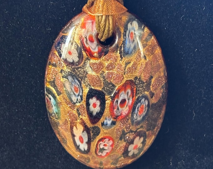 Vintage Murano Style Millefiori Glass Pendant Necklace, Italian Art Glass (6.5cm)