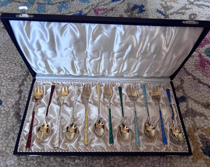Vintage ELA Denmark Sterling Silver Guilloché Enamel Cutlery Set (6 Spoons, 6 Forks) Boxed