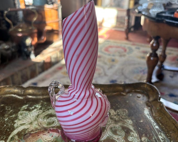 Vintage Pink & White Spiral Art Glass Bud Vase Venetian Style Hand Blown 18cm