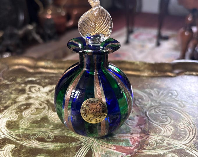Vintage Murano Glass Perfume Bottle Bucella Cristalli Aventurine Blue Green Italy