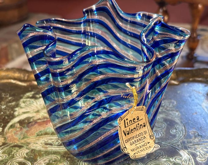 Vintage Linea Valentina Murano Glass Vase Blue Aqua Aventurine Handkerchief Vase
