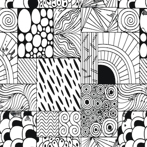 May include: A black and white graphic pattern composed of various rectangular sections. Each section features distinct hand-drawn elements including concentric circles, wavy lines, geometric triangles, floral shapes, and scattered oval dots.