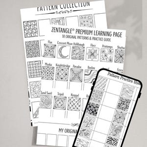 May include: A 23-page PDF collection featuring Zentangle premium learning pages with 18 original patterns and practice guides. The sheets display black and white geometric and floral designs in square grids, also visible on a smartphone screen.
