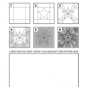 Può includere: Un foglio di esercizi in bianco e nero intitolato Relaxing Zentangle Drawing Practice. Presenta un tutorial in sei passaggi per un motivo a stella astratta, seguito da un'ampia area di pratica rettangolare vuota e dal testo Beginner Friendly Printable PDF Download.