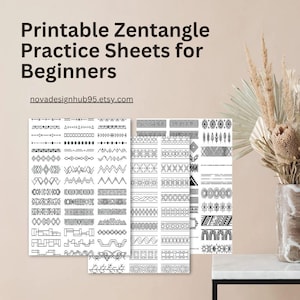May include: Printable Zentangle Practice Sheets for Beginners with the text novadesignhub95.etsy.com. The sheets feature black and white geometric patterns, including lines, triangles, diamonds, zigzags, and floral motifs arranged in rows.