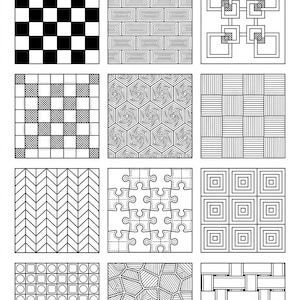 May include: A grid of twelve black and white pattern squares titled TILES, CHECKS & MOSAICS. The designs include checkerboards, brickwork, interlocking squares, hexagons, herringbone, puzzle pieces, concentric squares, circles, and woven textures.