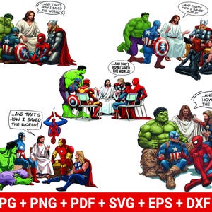 Peut inclure: Une collection de cinq illustrations numériques montrant divers super-héros comme Hulk, Captain America, Thor, Spider-Man, Iron Man et Black Widow assis avec Jésus, chacun avec une bulle disant, "...AND THAT'S HOW I SAVED THE WORLD!"