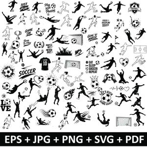 以下が含まれることがあります： サッカー選手の様々なアクションポーズ、サッカーボール、ゴールネット、トロフィー、そして「Just Play」、「Play With Passion」、「Game On」、「Goal Maker」、「Eat Sleep Soccer Repeat」といったモチベーションを高めるテキストフレーズが描かれた黒いシルエットのコレクション。