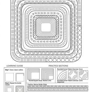 May include: A black and white instructional page titled PAGE 19 - Meditative Concentric Geometry Zentangle. It features a large square pattern with nested borders, a learning guide with three steps, and practice sections for curves and lines.