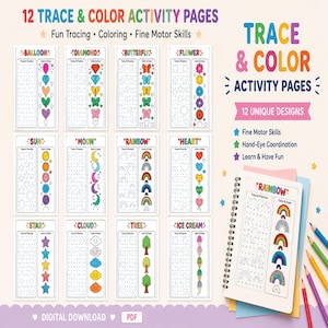 Op de afbeelding: Een set van 12 overtrek- en kleuractiviteitpagina's met ontwerpen zoals ballonnen, diamanten, vlinders, bloemen, zonnen, manen, regenbogen, harten, sterren, wolken, bomen en ijsjes, elk met secties voor oefening en inkleuren.