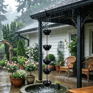 Cadena de lluvia Lotus negra mate, construcción de metal inoxidable, bajante de canalón decorativa para drenaje de jardín rústico.
