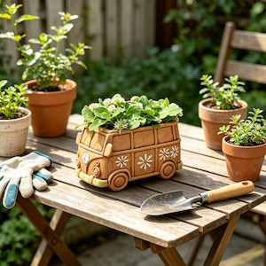 May include: A tan ceramic planter shaped like a vintage van with white daisy flower decals and a peace sign on the front grille. The van is filled with green clover-like plants and sits on a wooden surface alongside gardening tools.
