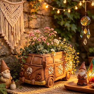 Maceta retro con forma de furgoneta camper, con textura desgastada y tallado floral artesanal, maceta rústica vintage para patio o terraza, ideal para exhibir plantas suculentas.