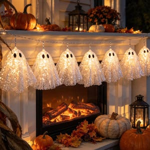 Halloween spets spökljusslinga, kuslig söt spökgirlang, inomhus eldstad fönster festprydnad