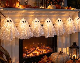 Halloween Lace Ghost String Lights, Spooky Cute Ghost Garland Banner, Indoor Fireplace Window Party Ornament