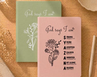 Personalized Christian Name Journal With Bible Verses, Custom Scripture Gift for Women, God Says I Am Bible Verse Journal, Religious Gift