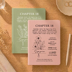 May include: Two rectangular journals, one sage green and one dusty pink, featuring the text CHAPTER 18, floral line art, and the name Syazana. The pink journal includes inspirational text about being brave, strong, and capable, with a pen nearby.