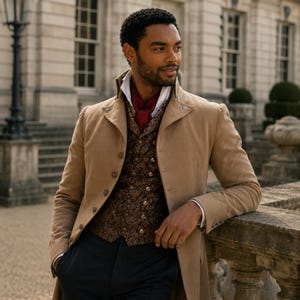 Op de afbeelding: Een beige jas gedragen over een donkerbruin vest met patroon en gouden knopen, een wit overhemd met kraag en een donkerrode halsdoek. Het ensemble bevat een donkere broek, wat zorgt voor een gelaagde look met een hoge kraag en schouders.
