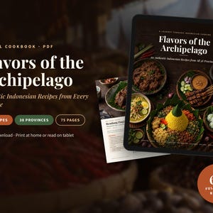 Pode incluir: Um livro de receitas digital intitulado Flavors of the Archipelago com 60 receitas indonésias autênticas de 38 províncias em 75 páginas. A capa mostra um tablet com vários pratos indonésios, incluindo arroz amarelo e espetadas de carne.