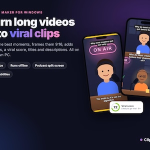 May include: AI Clip Maker for Windows software interface displaying two smartphones showing animated podcast clips with auto-subtitles, a viral score of 72, and text features including Pay once, Runs offline, Podcast split screen, and Auto subtitles.