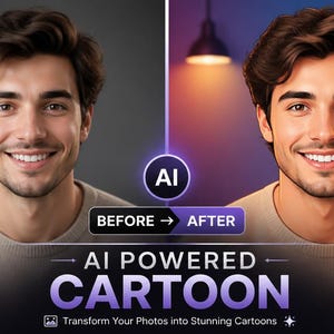 May include: A split-screen comparison showing a realistic portrait on the left and a cartoon-style version on the right. The text reads AI BEFORE AFTER AI POWERED CARTOON Transform Your Photos into Stunning Cartoons with a small icon.