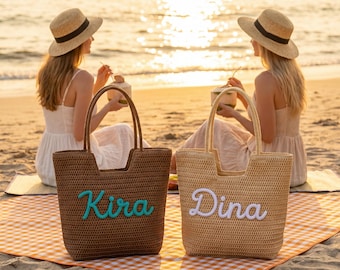 Personalized Letter Beach Tote Bag, Straw Summer Tote Bag, Bridesmaid Gift, Best Friend Vacation Travel Bag