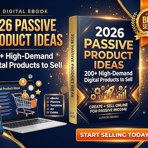 May include: A digital ebook titled 2026 Passive Product Ideas with 200+ High-Demand Digital Products to Sell. The cover features a rocket, gears, and a bar graph. A laptop and smartphone display the same title, alongside a Best Seller badge.