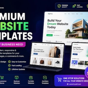 Op de afbeelding: Een digitale advertentie voor HC SELL Premium Website Templates met een laptop, tablet en smartphone die verschillende websiteontwerpen tonen. De donkerblauwe achtergrond bevat tekst zoals Premium Website Templates, For Every Business Need en een 50% kortingsbadge. Iconen en vinkjes benadrukken functies zoals SEO friendly en fast loading.