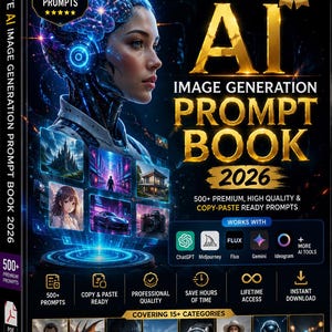 May include: A digital product cover titled Ultimate AI Image Generation Prompt Book 2026. It features a futuristic cyborg woman, various AI-generated image examples, and text highlighting 500+ prompts, compatibility with tools like ChatGPT and Midjourney, and lifetime access.
