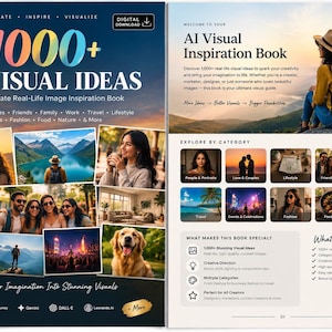 May include: A digital download inspiration book titled 1000+ AI Visual Ideas, featuring a collage of lifestyle, travel, and nature photographs on the cover and a detailed guide with category exploration and feature lists on the interior page.