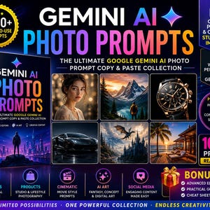 以下が含まれることがあります： Gemini AI Photo Promptsというタイトルのデジタル製品コレクション。都市のスカイラインを背景にした人物のシルエットが描かれたブックカバー、6枚のAI生成サンプル画像、および写真編集用の1000以上のすぐに使えるプロンプトに関するテキストが含まれています。