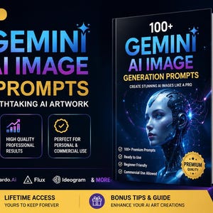 May include: A digital product guide titled 100+ Gemini AI Image Generation Prompts featuring a book cover with a robotic face, surrounded by various AI-generated images including landscapes, portraits, and objects on a dark blue background.