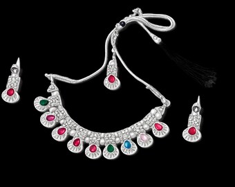 Silver Necklace with Earrings & Maang Tikka | Multicolor Stone Traditional Jewelry Set | Gift For Women