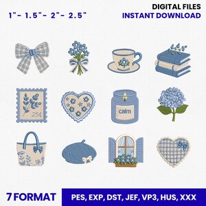 May include: A collection of twelve blue-themed embroidery designs including a plaid bow, flowers, a teacup, stacked books, a postage stamp, a heart, a candle labeled calm, a hydrangea, a tote bag, a beret, a window, and a plaid heart.