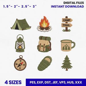 Camping Mini Icons Embroidery Designs Instant Download, Outdoor Adventure Machine Embroidery Files, Hiking Pocket Icons, Manual Digitizing