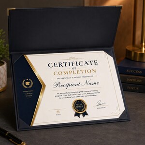 May include: A dark blue certificate holder containing a Certificate of Completion. The document features gold and black text, a gold seal with the words Well Done, and a graduation cap icon with the text Commitment Learning Success.