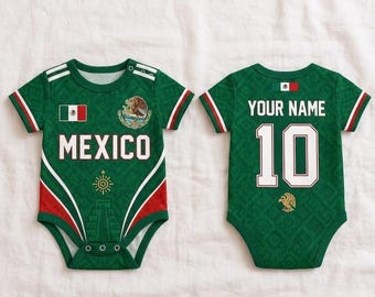 Personalized Mexico Baby Bodysuit, Custom Name Number Infant Soccer Outfit, Mexico Baby Jersey, Newborn Gift