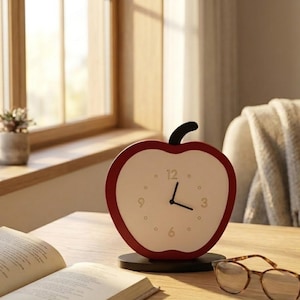 May include: A tabletop clock shaped like an apple with a red border and a white face. The clock features black hands, gold-colored numerals at the 12, 3, 6, and 9 positions, and a small black stem at the top, all mounted on a black oval base.